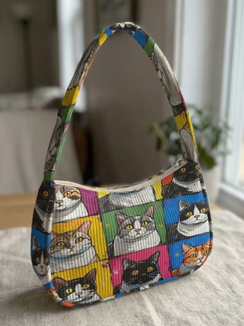 Corduroy Colorful Cat Print Shoulder Bag | Zipper Closure